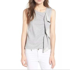 Hinge Gray Asymmetrical Ruffle sleeveless top  L